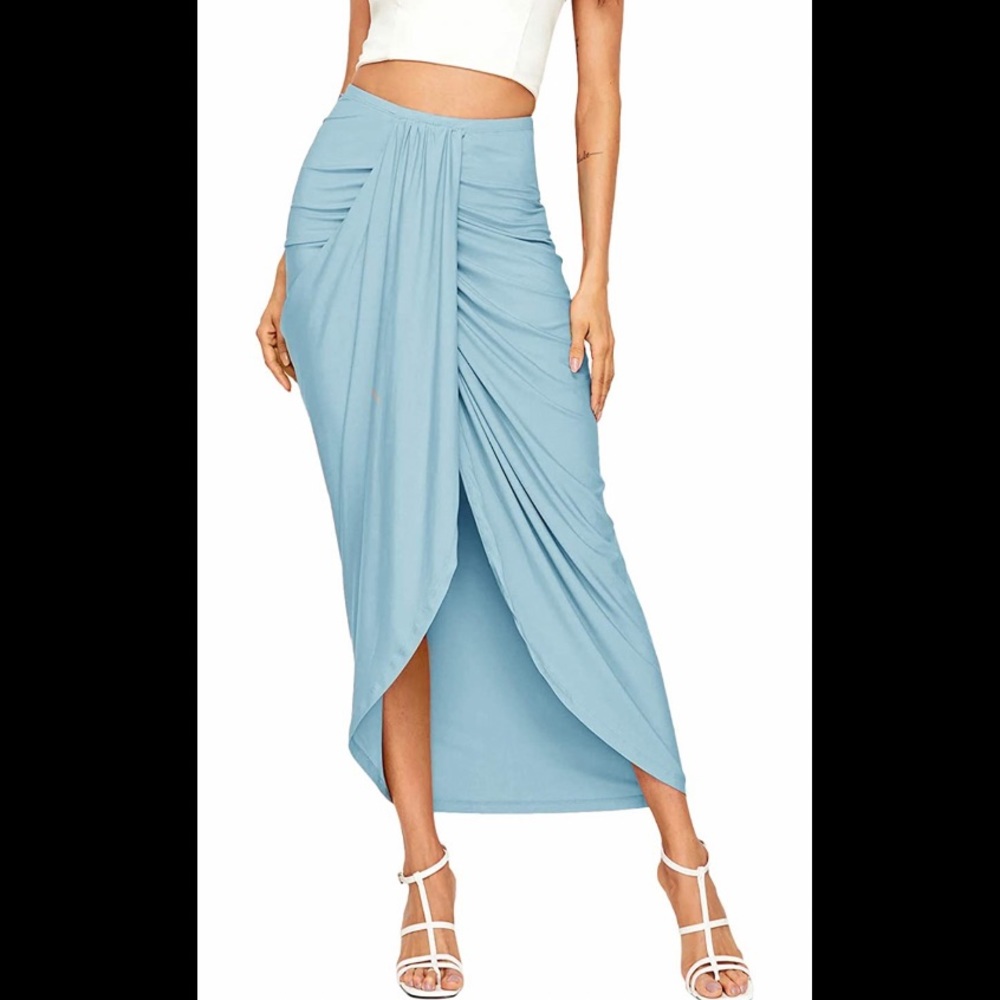 SheIn Women's Casual Slit Wrap Asymmetrical Elastic High Waist Maxi Draped Skirt